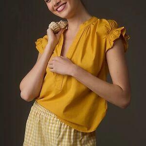 Anthropologie The Tatum Linen Flutter-Sleeve Blouse by Pilco